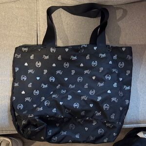 Black Tote Bag with Heart and pink Logo Pattern
